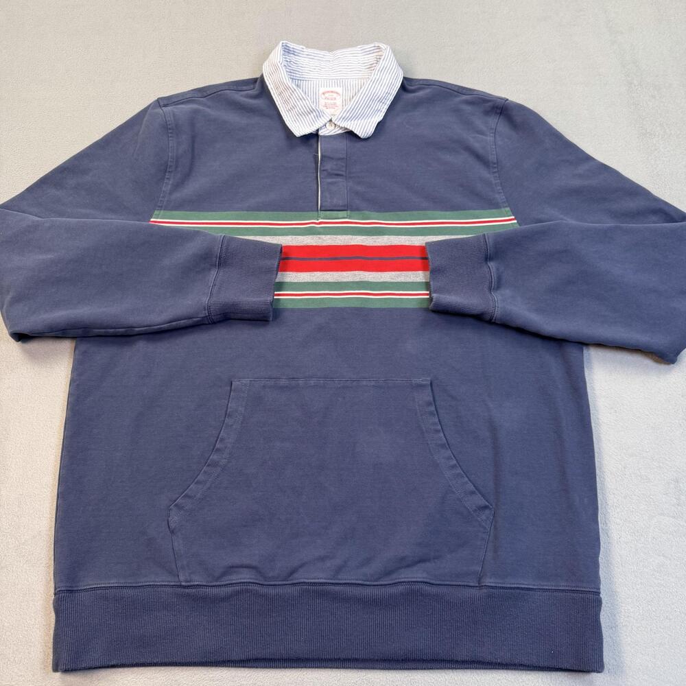 Brooks Brothers Polo Shirt Mens 2XL Blue Stripe Rugby Kangaroo Pocket Pullover